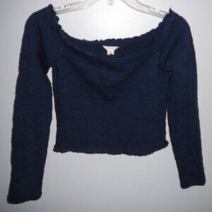 Aeropostale  Navy Blue Long Sleeve Stretchy Elastic Gathered Crop Top Size-Small